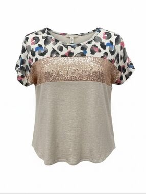 Heimish USA Leopard Print Sequin Mixed Media Top Small Casual Boutique